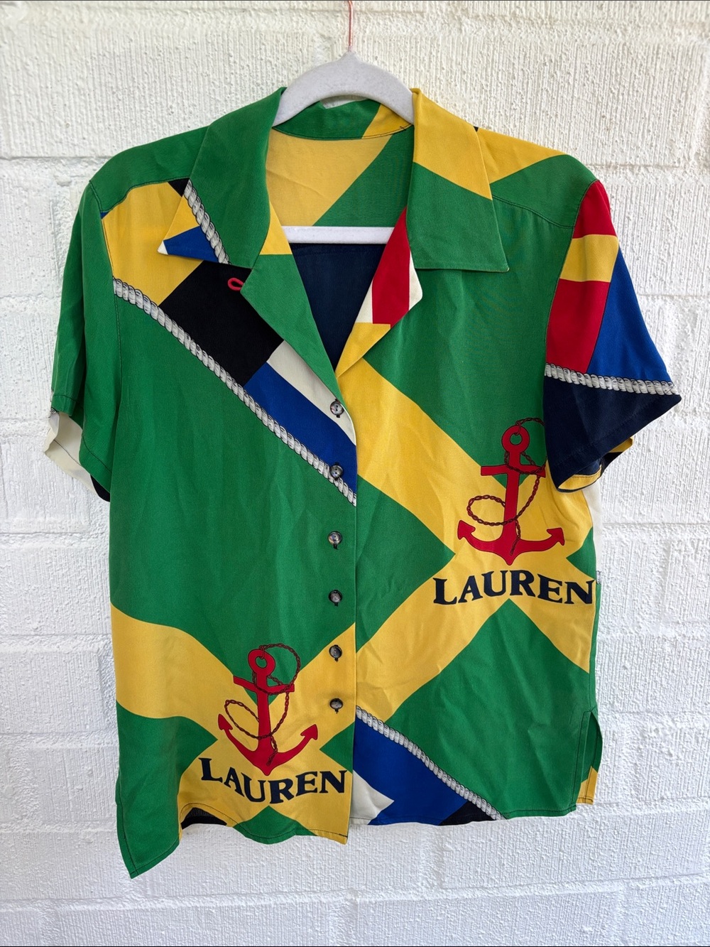 Ralph Lauren Nautical Silk Short Sleeve Vintage Blouse sz M